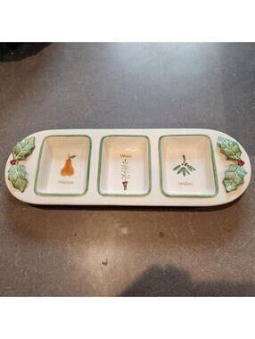RUSS Berrie Christmas Holiday 3 Section Relish Tray Serving Dish Holly Mistletoe